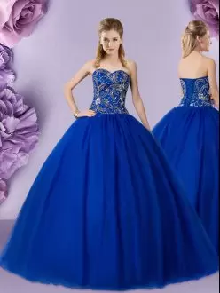 Customized Royal Blue Lace Up Quince Ball Gowns Beading Sleeveless Floor Length
