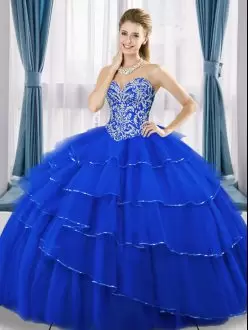 Royal Blue Sleeveless Floor Length Beading and Ruffled Layers Lace Up Sweet 16 Dresses Sweetheart