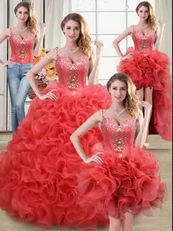 On Sale Coral Red Straps Neckline Beading and Ruffles Quince Ball Gowns Sleeveless Zipper