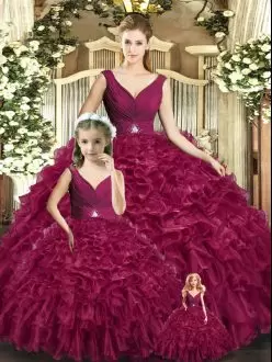 Romantic Floor Length Backless Ball Gown Prom Dress Burgundy and In with Beading and Ruffles