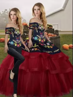 Dynamic Wine Red Sleeveless Brush Train Embroidery and Ruffled Layers 15 Quinceanera Dress