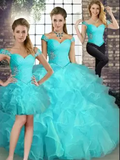 Admirable Sleeveless Floor Length Beading and Ruffles Lace Up Quinceanera Gowns with Aqua Blue