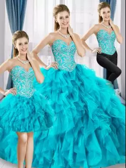 Blue Organza Lace Up 15th Birthday Dress Sleeveless Floor Length Beading and Ruffles