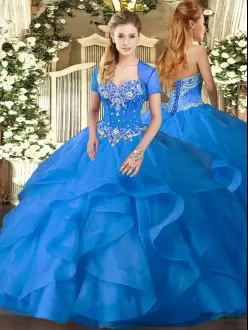 New Style Baby Blue Ball Gown Prom Dress Military Ball and Sweet 16 and Quinceanera with Beading and Ruffles Sweetheart Sleeveless Lace Up