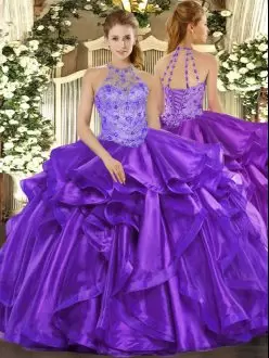 Fine Sleeveless Organza Floor Length Lace Up Quinceanera Dresses in Purple with Beading and Embroidery and Ruffles