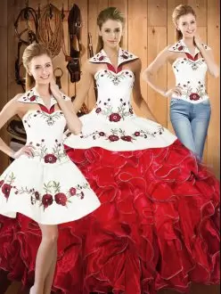 Traditional Three Pieces 15 Quinceanera Dress White And Red Halter Top Satin and Organza Sleeveless Floor Length Lace Up