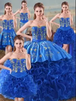 Fabric With Rolling Flowers Sweetheart Sleeveless Lace Up Embroidery Quinceanera Dress in Royal Blue