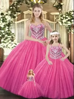 Simple Hot Pink Lace Up Quinceanera Gowns Beading Sleeveless Floor Length