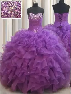 Eggplant Purple Lace Up Sweetheart Beading and Ruffles Sweet 16 Dress Organza Sleeveless