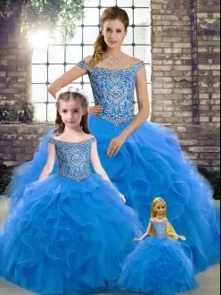 Blue Quinceanera Dresses Military Ball and Sweet 16 and Quinceanera with Beading and Ruffles Off The Shoulder Sleeveless Brush Train Lace Up