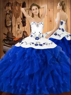 Vintage Blue And White Sleeveless Satin and Organza Lace Up Quinceanera Gown for Military Ball and Sweet 16 and Quinceanera