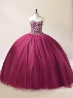 Sexy Tulle Sweetheart Sleeveless Lace Up Beading Quinceanera Dresses in Burgundy