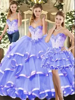 Admirable Sweetheart Sleeveless Tulle 15th Birthday Dress Beading and Ruffled Layers Lace Up