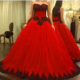 Ball Gowns Sweet 16 Dress Red Sweetheart Tulle Sleeveless Floor Length Lace Up