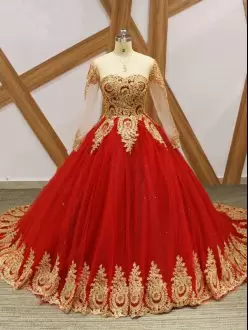 Beading and Appliques Quinceanera Gowns Red Lace Up Long Sleeves Court Train