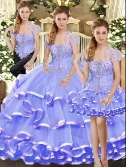 Lavender Strapless Neckline Beading and Ruffled Layers Quinceanera Dresses Sleeveless Lace Up