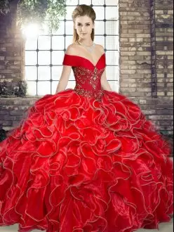 Red Off The Shoulder Neckline Beading and Ruffles Quince Ball Gowns Sleeveless Lace Up