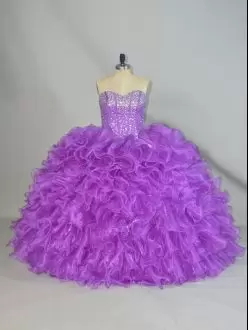 Perfect Purple Ball Gowns Organza Sweetheart Sleeveless Beading and Ruffles Floor Length Lace Up Quinceanera Dress
