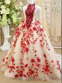 Excellent Organza Halter Top Sleeveless Backless Beading and Embroidery and Hand Made Flower Quinceanera Dress in White And Red