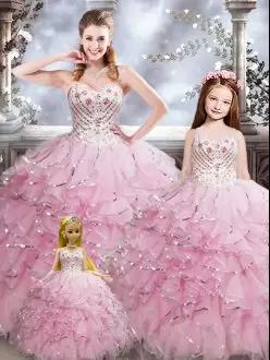 Sweetheart Sleeveless Lace Up Quince Ball Gowns Baby Pink Organza Beading and Ruffles