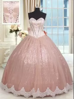 Sparkly Rose Gold Sequins Quinceanera Dress with Big Bow Back Under 200 Dollars