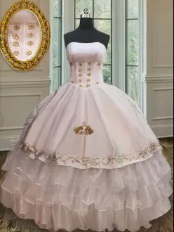 Mexico Themed White Organza and Taffeta 15 Quinceanera Dress Floor Length with Ruffles and Gold Embroidery Under 200