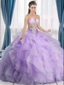 Lavender Sweetheart Neckline Beading and Ruffles Sweet 16 Dresses Sleeveless Lace Up