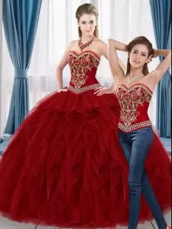 Cheap Tulle Sweetheart Sleeveless Lace Up Beading and Ruffles 15th Birthday Dress in Red