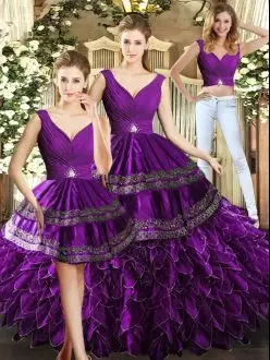 Affordable Purple Backless 15 Quinceanera Dress Beading and Embroidery and Ruffles Sleeveless Floor Length