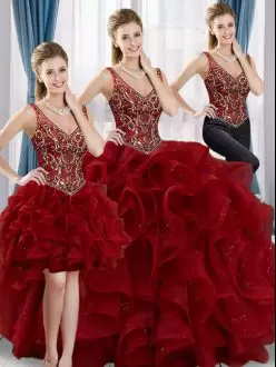 Top Selling Wine Red V-neck Neckline Beading and Ruffles Quinceanera Gown Sleeveless Lace Up