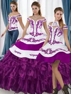 Short Sleeves Off The Shoulder Embroidery and Ruffled Layers Lace Up Quinceanera Gowns