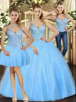 Suitable Baby Blue Lace Up 15th Birthday Dress Beading Sleeveless Floor Length