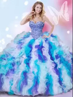 Fine Multi-color Sleeveless Beading and Ruffles Lace Up Vestidos de Quinceanera Sweetheart