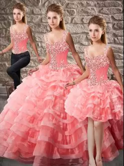 Watermelon Red Sleeveless Organza Court Train Lace Up Sweet 16 Dress for Quinceanera