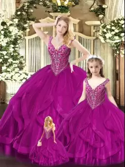 Traditional Beading and Ruffles Sweet 16 Quinceanera Dress Fuchsia Lace Up Sleeveless Floor Length