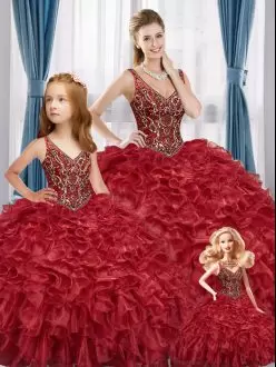 Red Sleeveless Organza Lace Up Vestidos de Quinceanera for Sweet 16 and Quinceanera