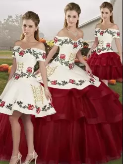 Captivating Wine Red Ball Gowns Tulle Off The Shoulder Sleeveless Embroidery and Ruffled Layers Lace Up 15 Quinceanera Dress Brush Train