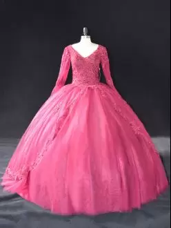 Floor Length Lace Up 15 Quinceanera Dress Hot Pink for Sweet 16 and Quinceanera with Lace and Appliques