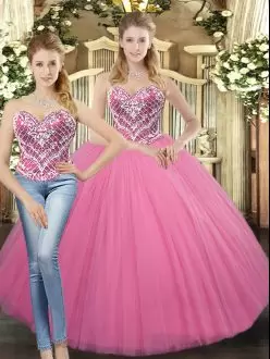 Rose Pink Tulle Lace Up Sweetheart Sleeveless Floor Length Quinceanera Dress Beading