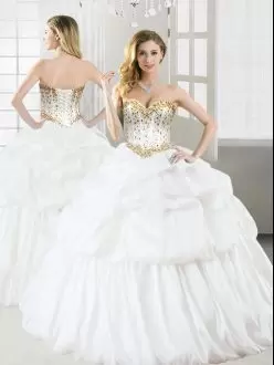 White Sleeveless Floor Length Beading and Pick Ups Lace Up Quince Ball Gowns Sweetheart