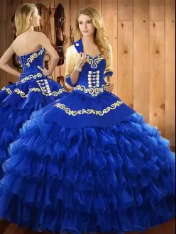 Blue Sleeveless Embroidery and Ruffled Layers Floor Length Quinceanera Gown