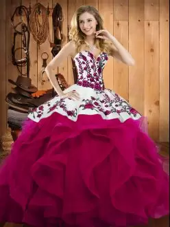 Elegant Fuchsia Sleeveless Satin and Organza Lace Up Sweet 16 Dresses for Military Ball and Sweet 16 and Quinceanera