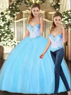 Suitable Baby Blue Two Pieces Tulle Sweetheart Sleeveless Beading Floor Length Lace Up Quinceanera Gowns
