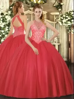 Ideal Tulle High-neck Sleeveless Lace Up Beading Sweet 16 Dress in Red