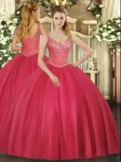 Glamorous Sleeveless Tulle Floor Length Lace Up 15th Birthday Dress in Red with Beading