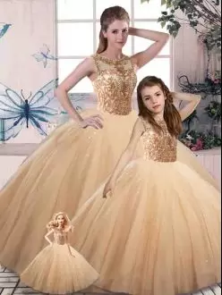 Gold Scoop Neckline Beading Sweet 16 Quinceanera Dress Sleeveless Lace Up