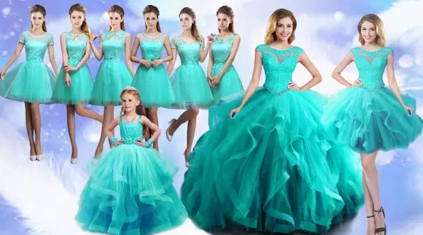 Turquoise Scoop Lace Up Beading and Lace Quinceanera Dress Sleeveless