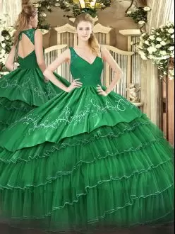 Green Sleeveless Beading and Embroidery and Ruffled Layers Floor Length Sweet 16 Dress