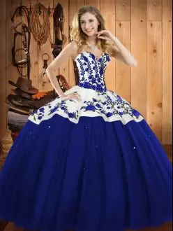 Top Selling Sweetheart Sleeveless Lace Up Quinceanera Dresses Blue Satin and Tulle Embroidery