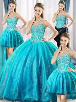 Sweetheart Sleeveless Lace Up Quinceanera Dress Aqua Blue Organza Beading